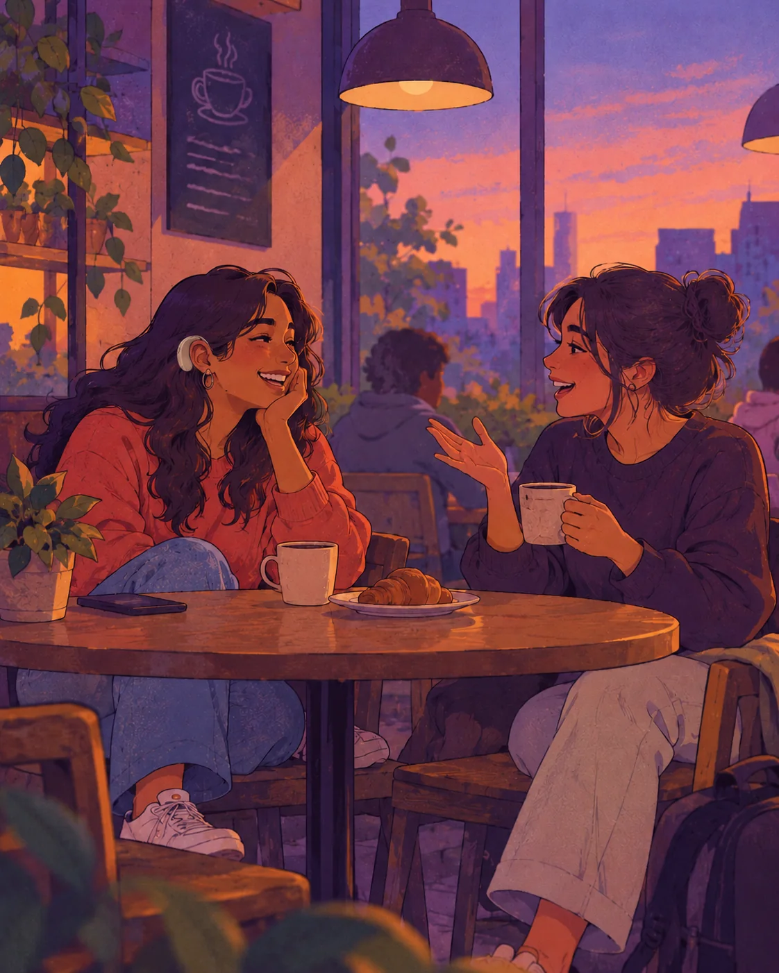 Two friends laughing over coffee in a café, one wearing a hearing aid