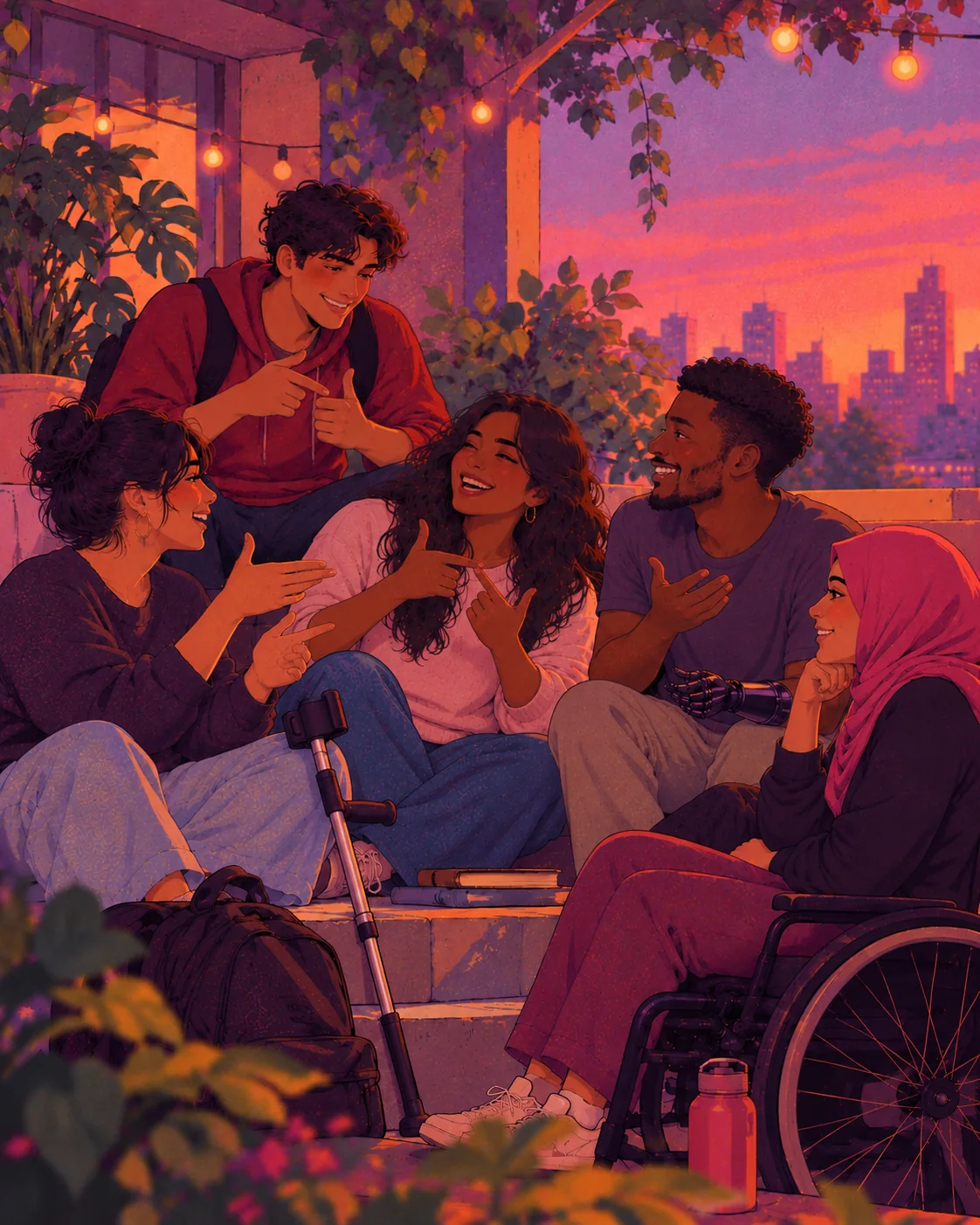 Five friends chatting in sign language on a rooftop at sunset, one with crutches, one with a prosthetic arm and one in a wheelchair
