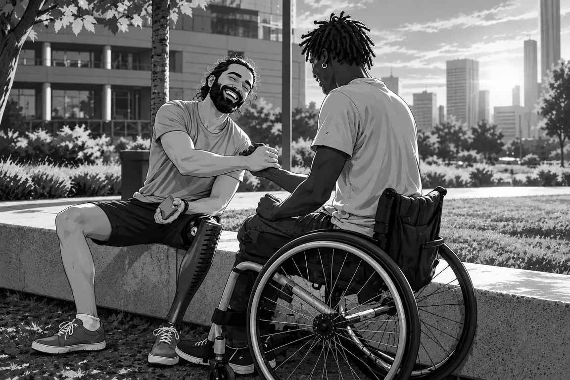 Two friends laughing and shaking hands in a park, one with a prosthetic leg and one in a wheelchair